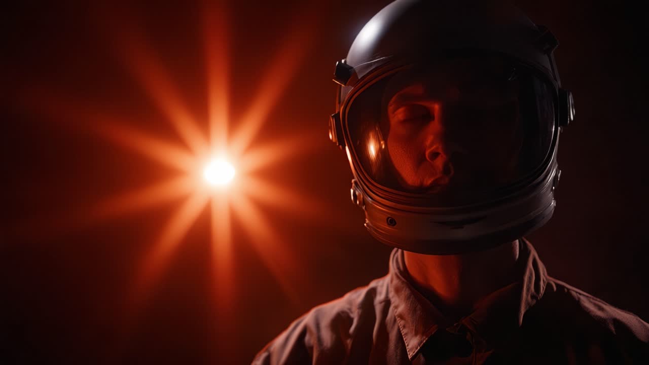 Astronauta stoi w słabo oświetlonym otoczeniu, oświetlony jasnym, gwiezdnym światłem, przekazując poczucie eksploracji i tajemnicy w futurystycznej scenerii