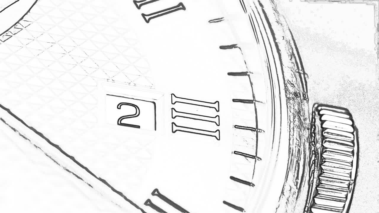Primo piano della lancetta dei secondi che si muove su un orologio, doodle art in bianco e nero