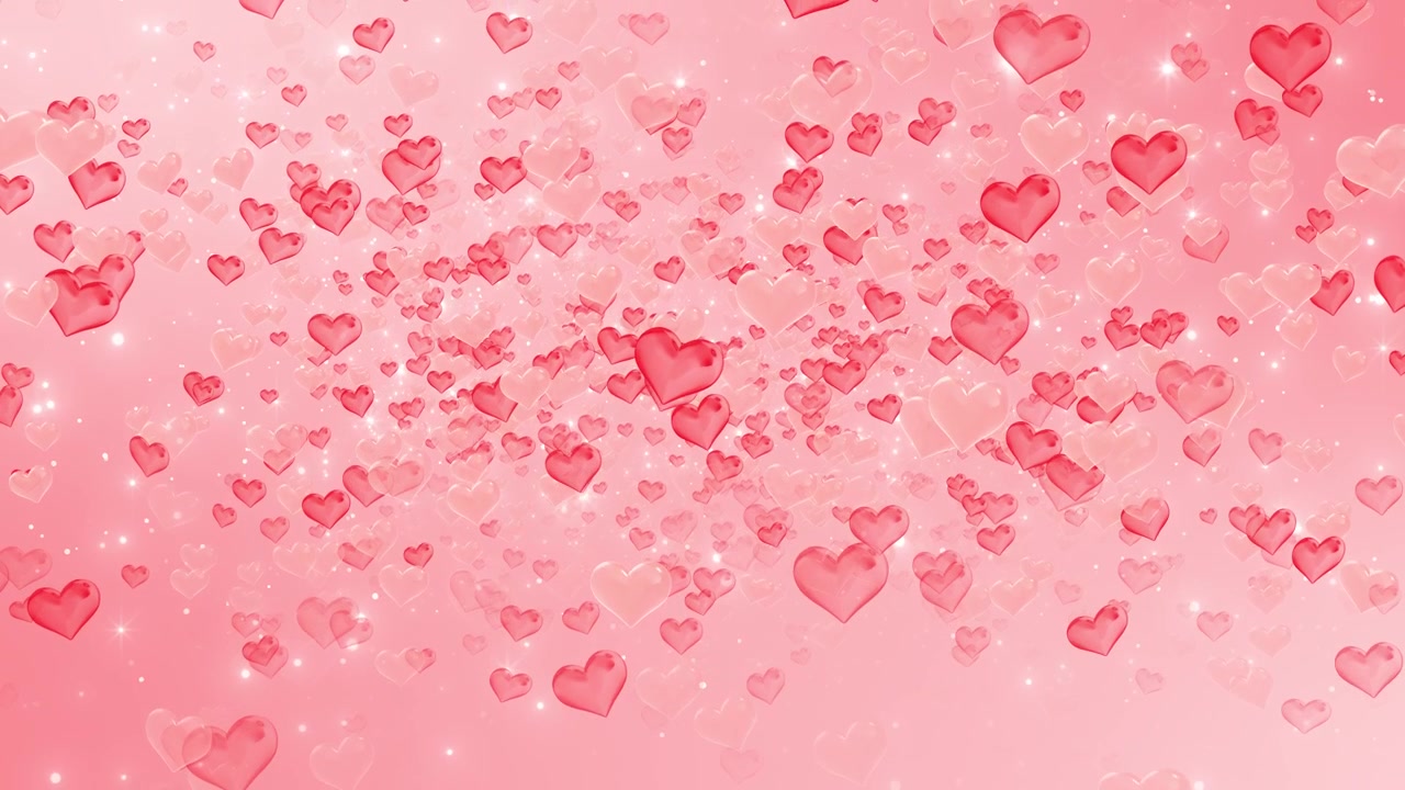 Animazione di cuori rosa, cuori rossi fluttuanti, spazio pastello tenue, scintillii, atmosfera romantica e leggera, perfetto per