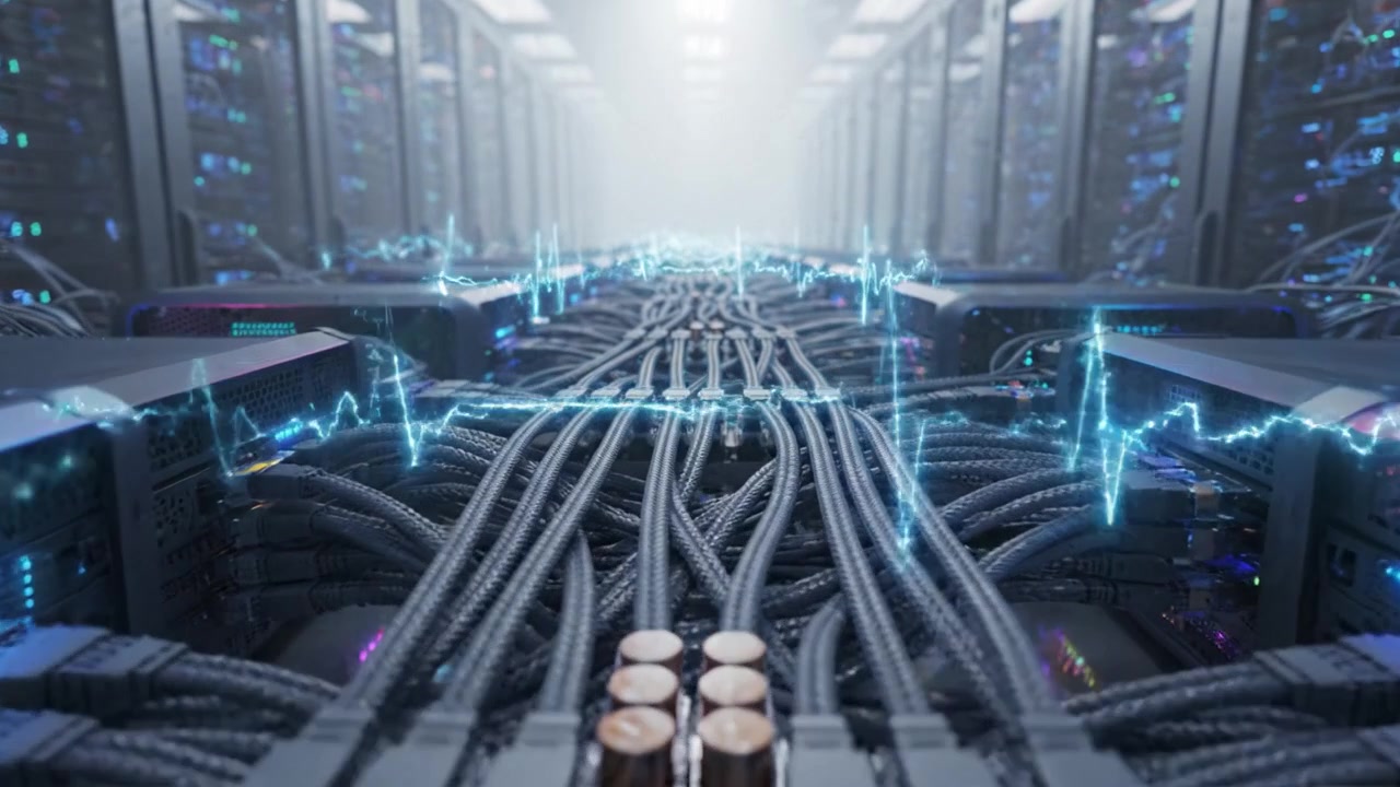 A High-Tech Data Center Featuring Advanced Server Racks with Intricate Cable Management and Distinctive LED Lighting Creating a Dynamic Computing Environment
