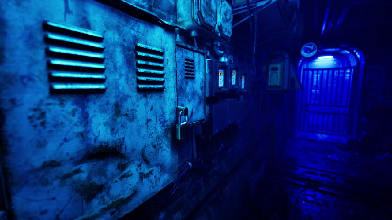 끝에 잠겨있는 게이트가 있는 무서운 어두운 복도