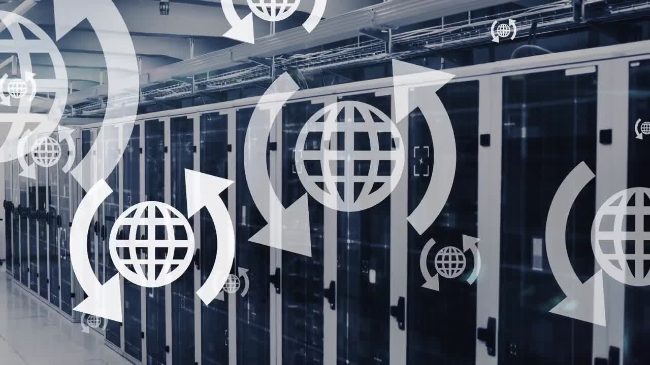 Animation af globus-ikoner over et serverrum