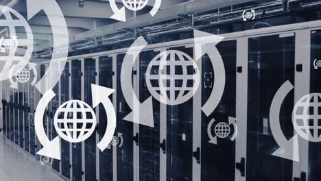 animation of globe icons over server room