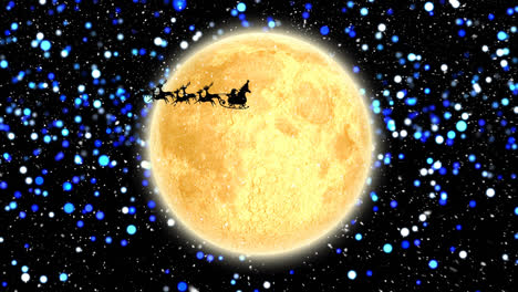 snow falling over santa claus in sleigh being pulled by reindeers against moon and spots of light