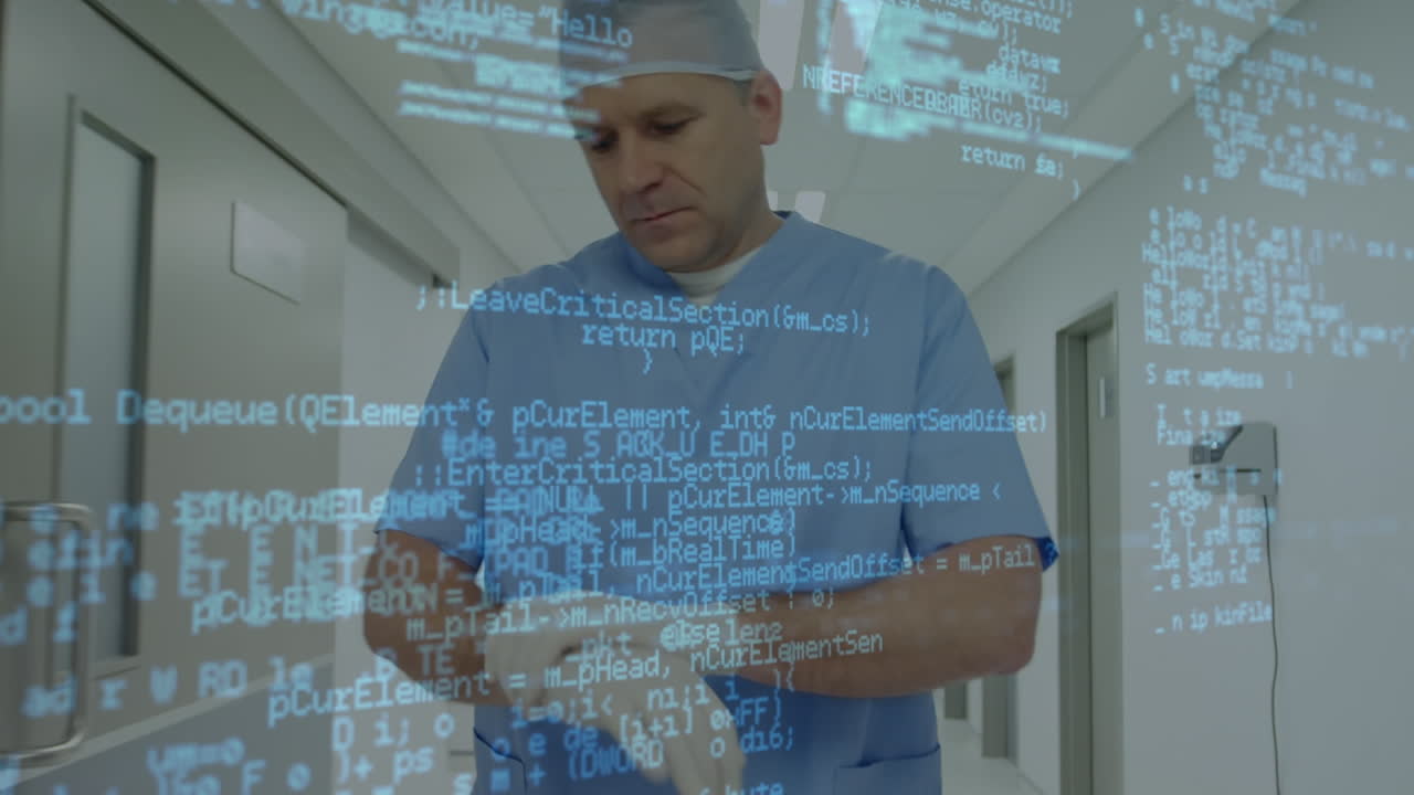 Animation of data processing over caucaisan male surgeon