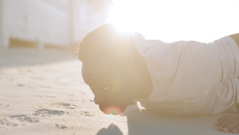 beach, push ups or black man in training exercise