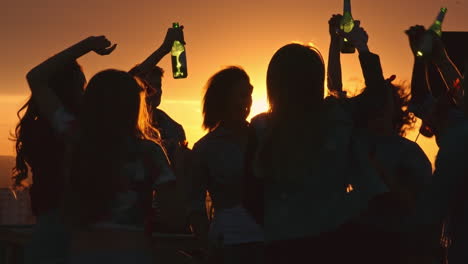 Gruppe-Von-Freunden,-Die-Eine-Party-Auf-Einer-Terrasse-Bei-Sonnenuntergang-Genießen-1