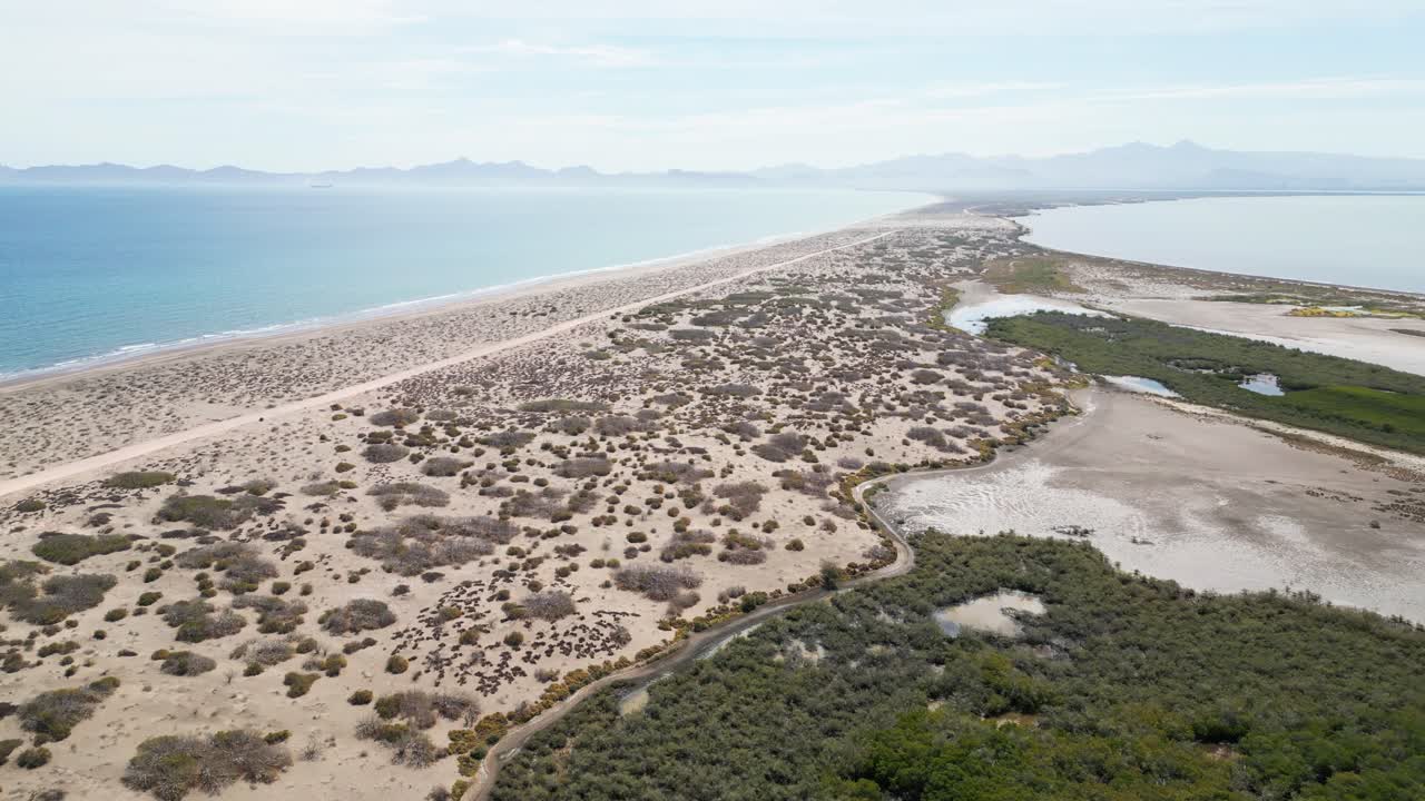Desert beach meets blue ocean, drone view over El Mogote in La Paz, Baja California Sur