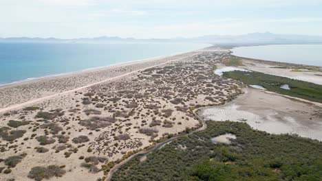 desert beach meets blue ocean, drone view over el mogote in la paz, baja california sur