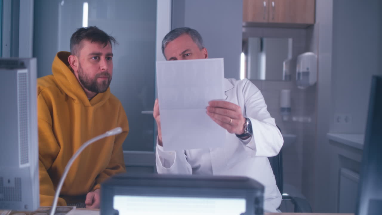 의사와 환자의 의료 기록을 검토하는 의사