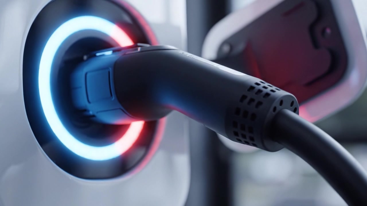 A Close-Up View of an Electric Vehicle Charging Connector, Highlighting the Intricate Details of the Plug and Charging Port Interface with Dynamic Lighting Indicators.