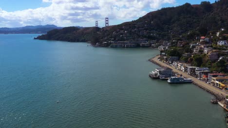 Coastal-City-of-Sausalito,-California---Aerial-Drone-View-of-Town-Midday