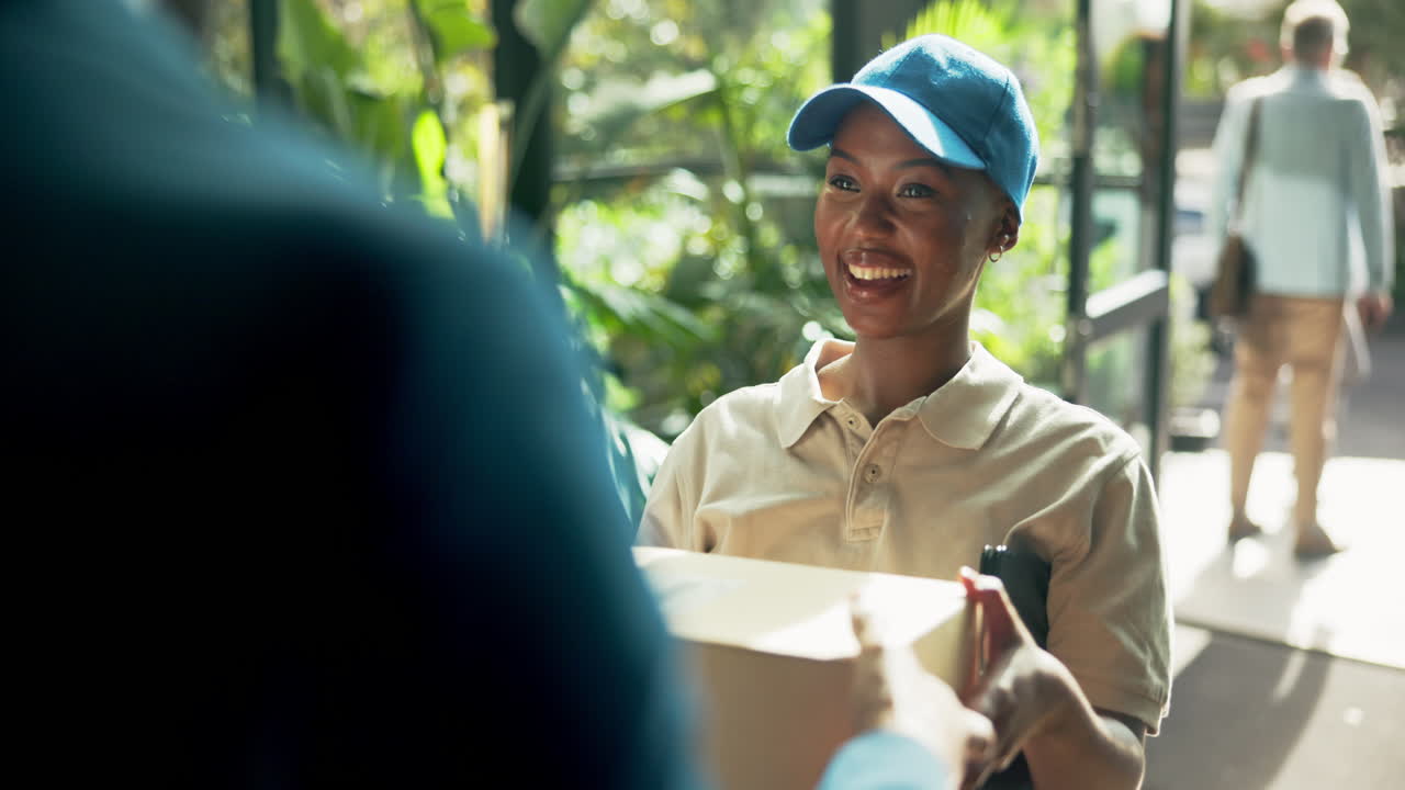 Delivery woman handing over package