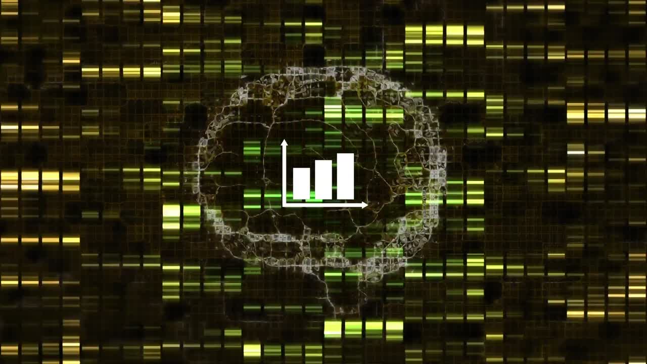 Animation of graph over digital brain and moving columns