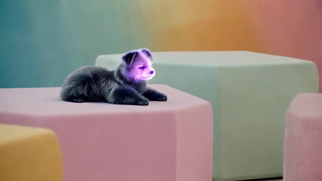glowing puppy on pastel geometric blocks