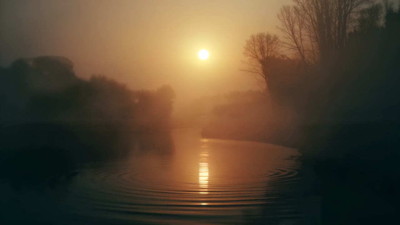 Sun rising over foggy river at dawn, boatman wearing heavy coat rowing rowboat using single oar