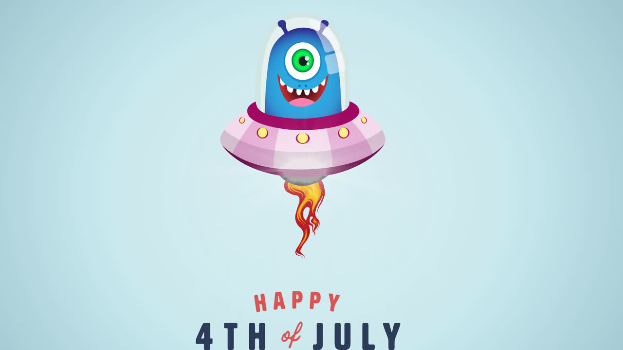 анимация с текстом "счастливого 4 июля" с улыбающейся алиен на синем фоне