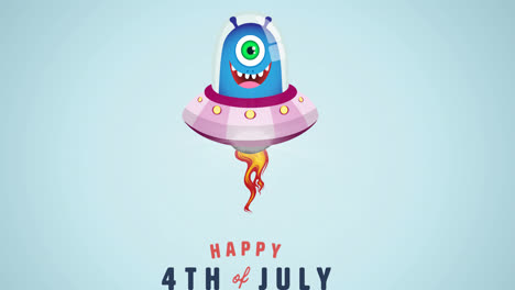 Animation-of-happy-4th-of-july-text-with-smiling-allien-over-blue-background