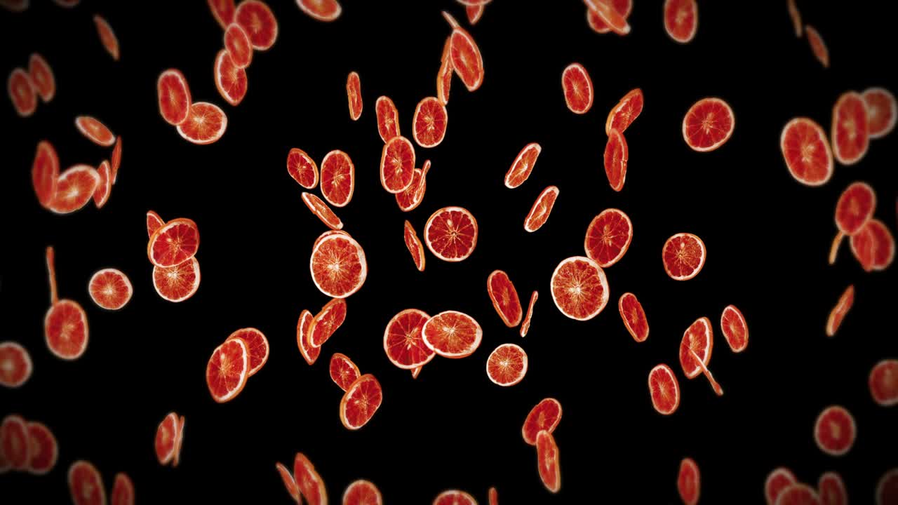 검은 바탕에 많은 건조 오렌지를 날아. 탈수 된 과일, 음식 개념. 3d 애니메이션 조각 된 과일 오렌지 회전. 루프 애니메이션.