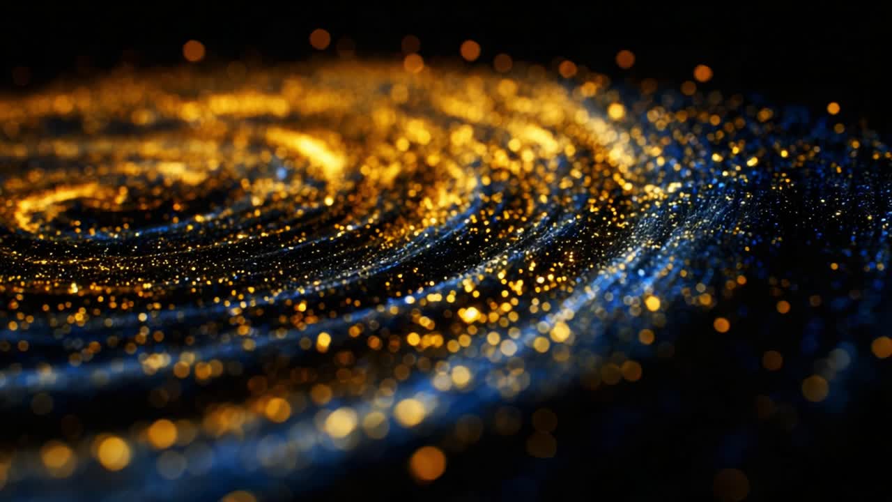 Un ipnotico vortice cosmico di particelle dorate e blu intenso luccicanti, che illustra la bellezza e la complessità di una spirale celeste astratta in un universo pieno di stelle e luce