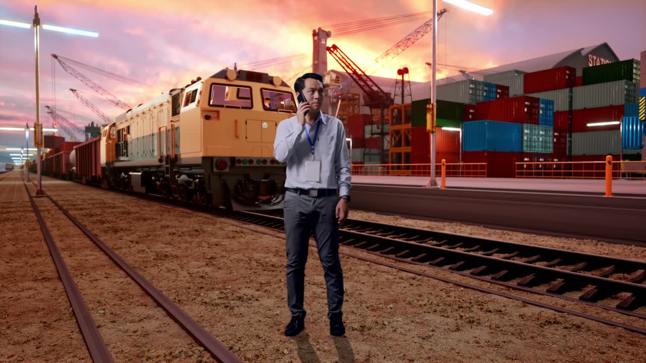 Full Body Of An Asian Male Professional Worker Standing With Freight Cargo Train At Port, He Is Speaking With Someone In The Phone