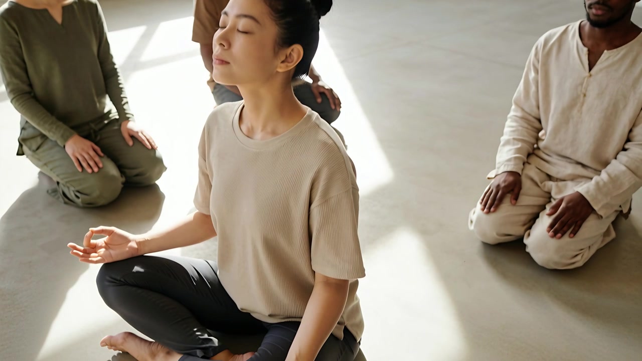 冥想環節開始，一位穿著米色上衣和深色緊身褲的女士坐在陽光旁的坐墊上冥想。