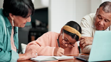 grandparents, homework and child with notes by