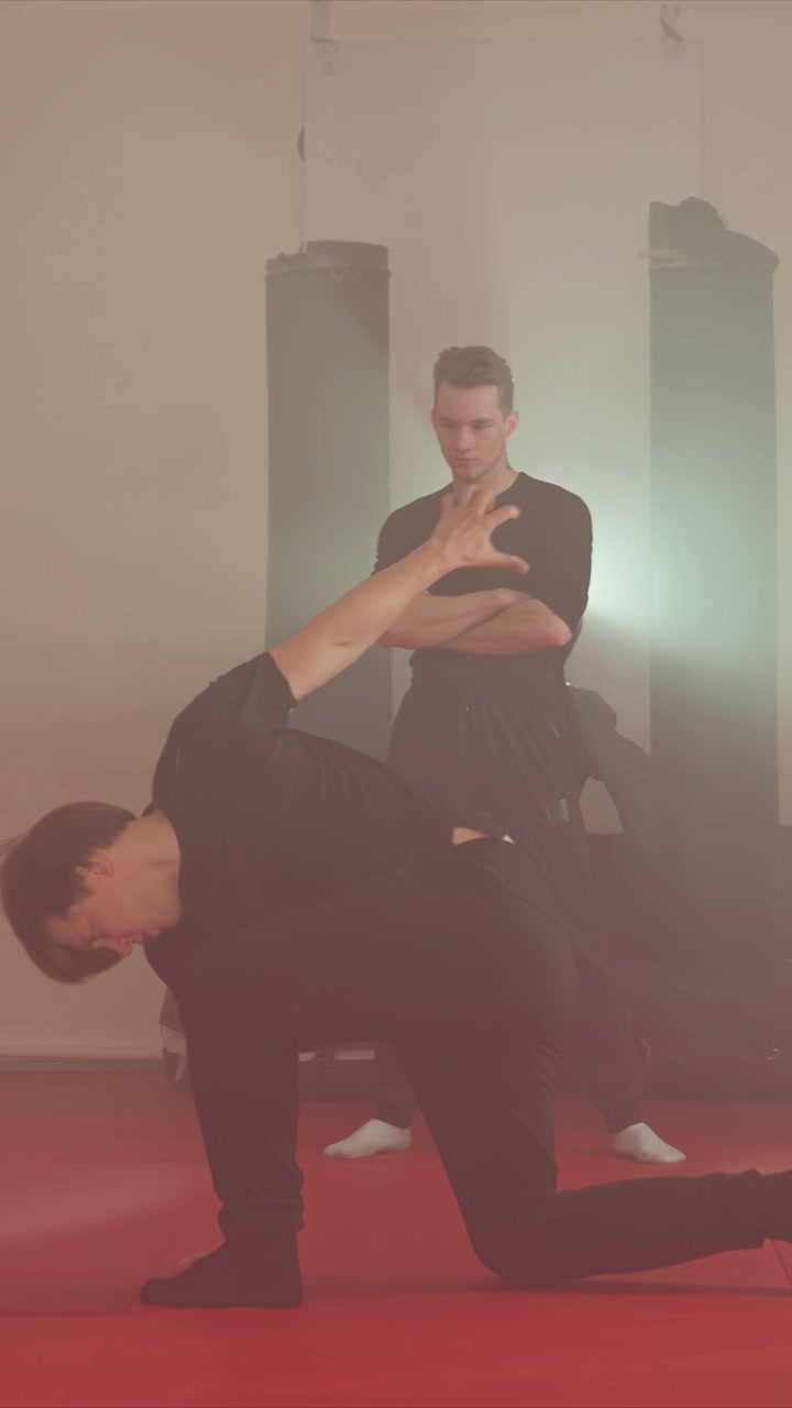 Young man in black t shirt performs martial arts movements on red mat including stances and strikes. Another man stands nearby observing. Scene is indoors with consistent lighting