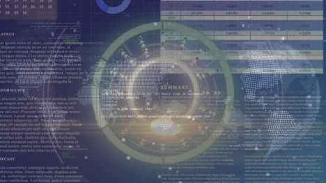 Animation-of-scope-scanning-over-data-processing-with-globe-on-black-background