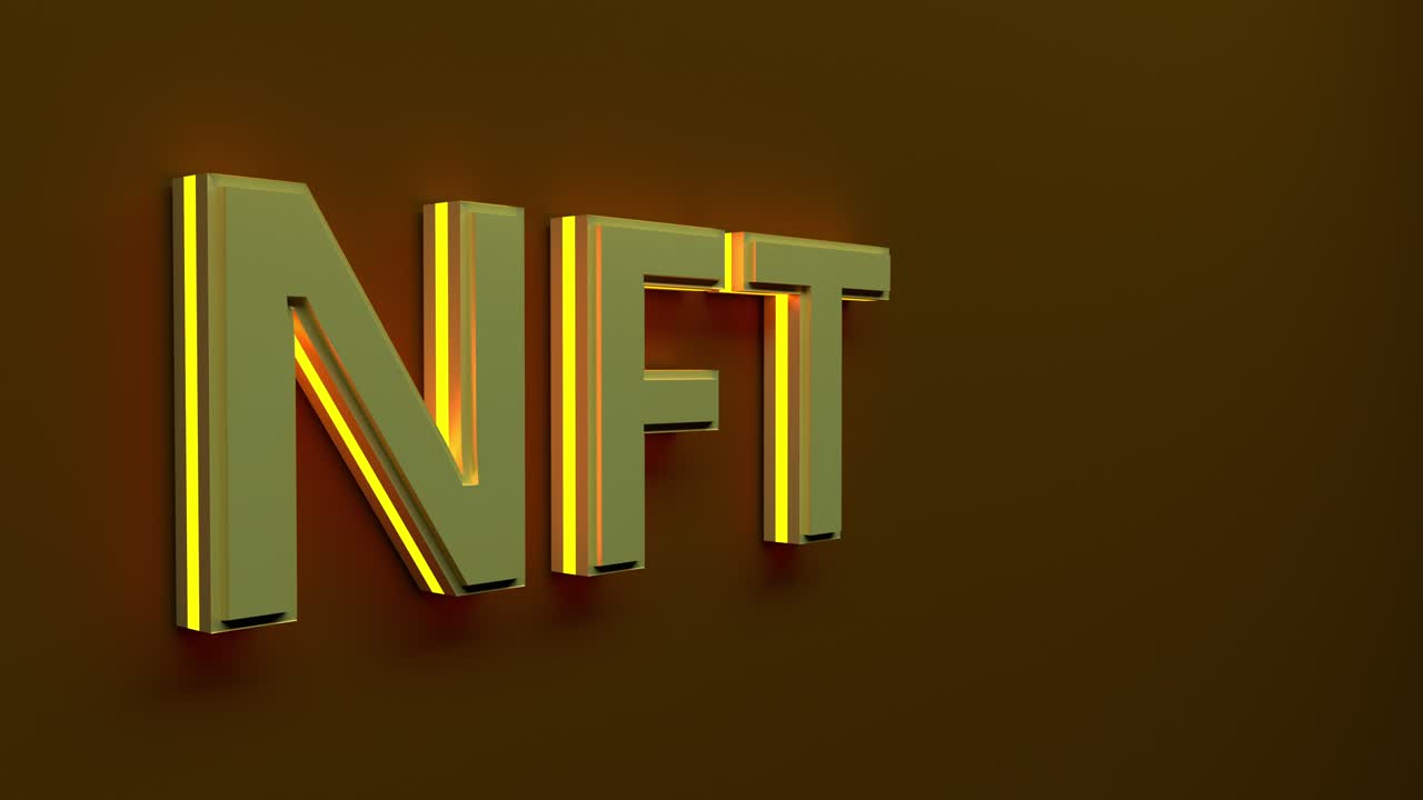 concepto de moneda de arte criptográfico nft. token no fungible con luz parpadeante en fondo abstracto de oro oscuro. bucle de renderización 3d sin costuras.