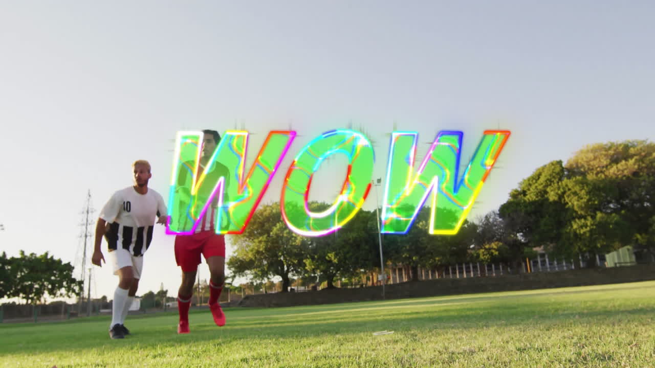 Young soccer players running on field with colorful WOW text animation overlay