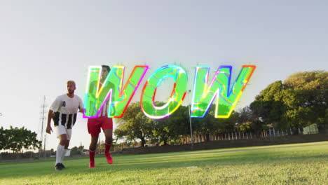 young soccer players running on field with colorful wow text animation overlay
