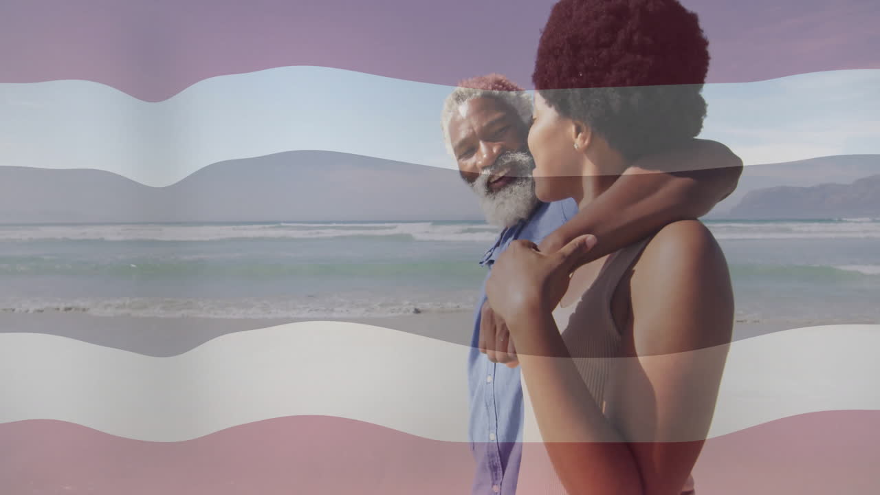 Walking on beach, elderly couple with animation of abstract wave pattern