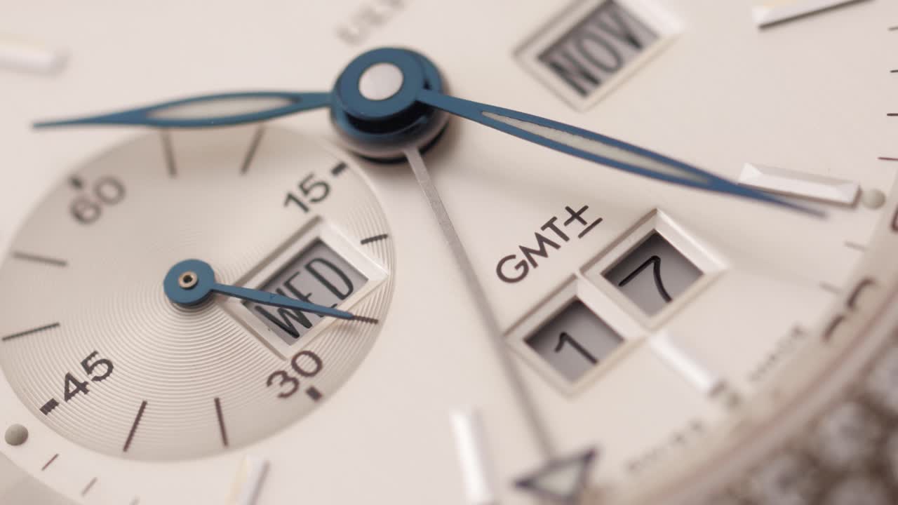 Luxury white watch dial with a precise moving hand, symbolizing time management, planning and global timekeeping