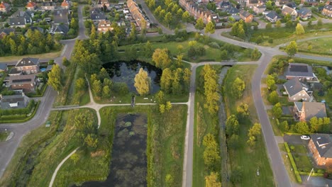 aerial, drone shot above the city of leek province of groningen, netherlands