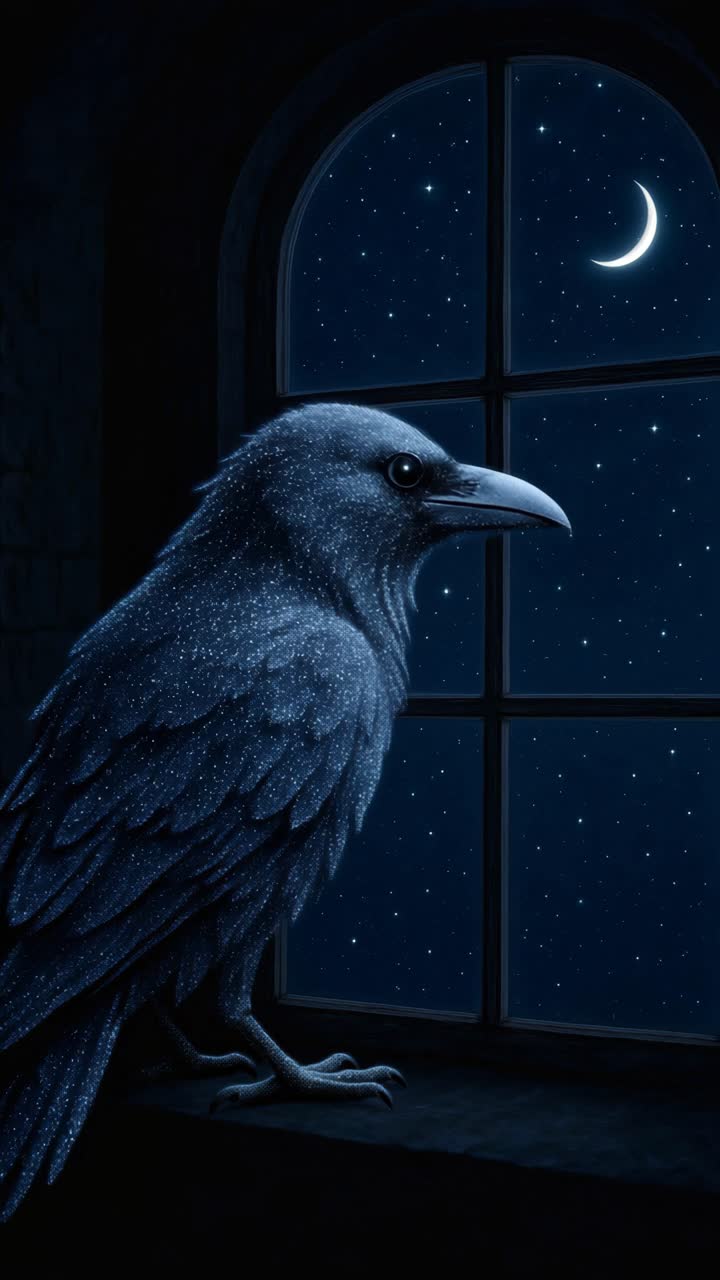 A mystical raven sits by a window under a starry night sky, viewed from a side angle