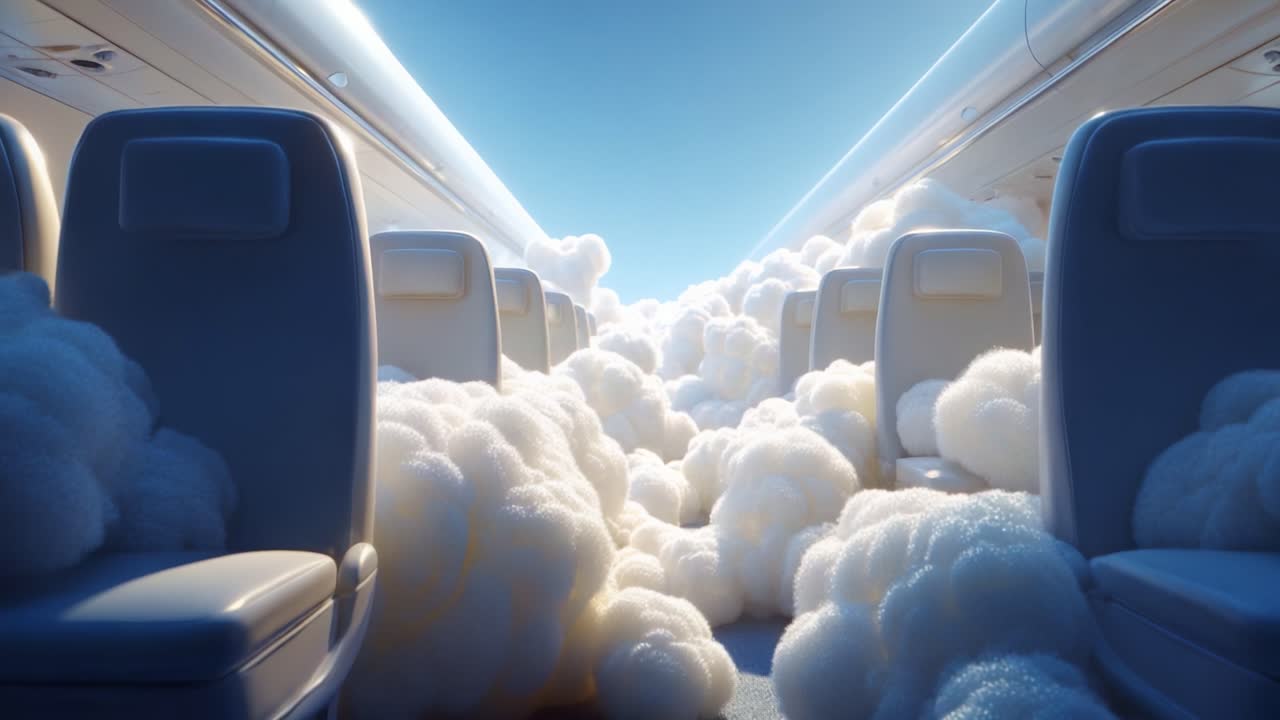 A Surreal Scene Inside an Airplane Cabin Where Passengers are Surrounded by Soft, Billowy Clouds Creating a Dreamlike Atmosphere with Bright Light Streaming Through the Windows