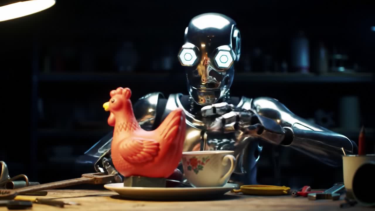 Un Robot Futuristico Impegnato in un'Interazione Giocosa con una Vivace Statuetta di Pollo e una Tazza da Tè, che Mostra la Fusione di Tecnologia e Giocosità in un Ambiente di Officina