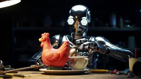 a futuristic robot engaged in whimsical interaction with a vibrant chicken figurine and tea cup, showcasing the blend of technology and playfulness in a workshop setting