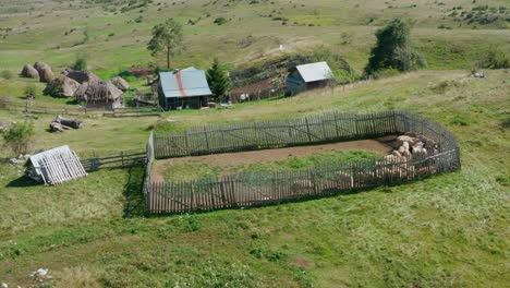 aerial: old wooden pen fencing for animal herding, traditional farming technique