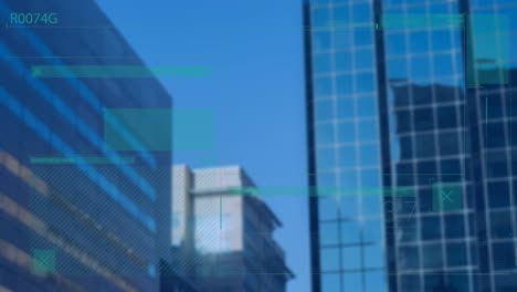 animation of digital screen with grid pattern over modern skyscrapers against clear blue sky