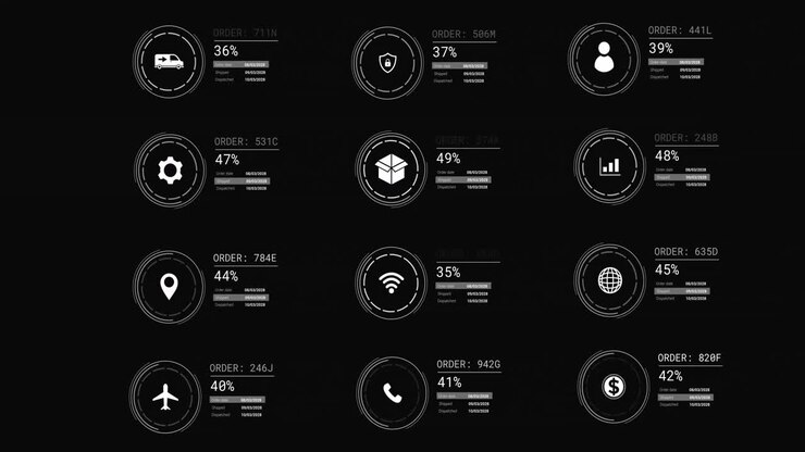 Animation of icons with data processing on black background
