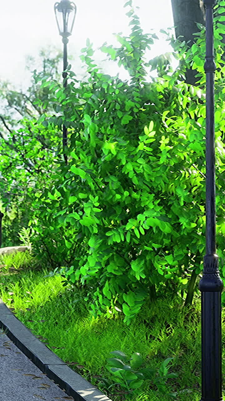 Tranquillo sentiero cittadino fiancheggiato da erba curata e piante decorative