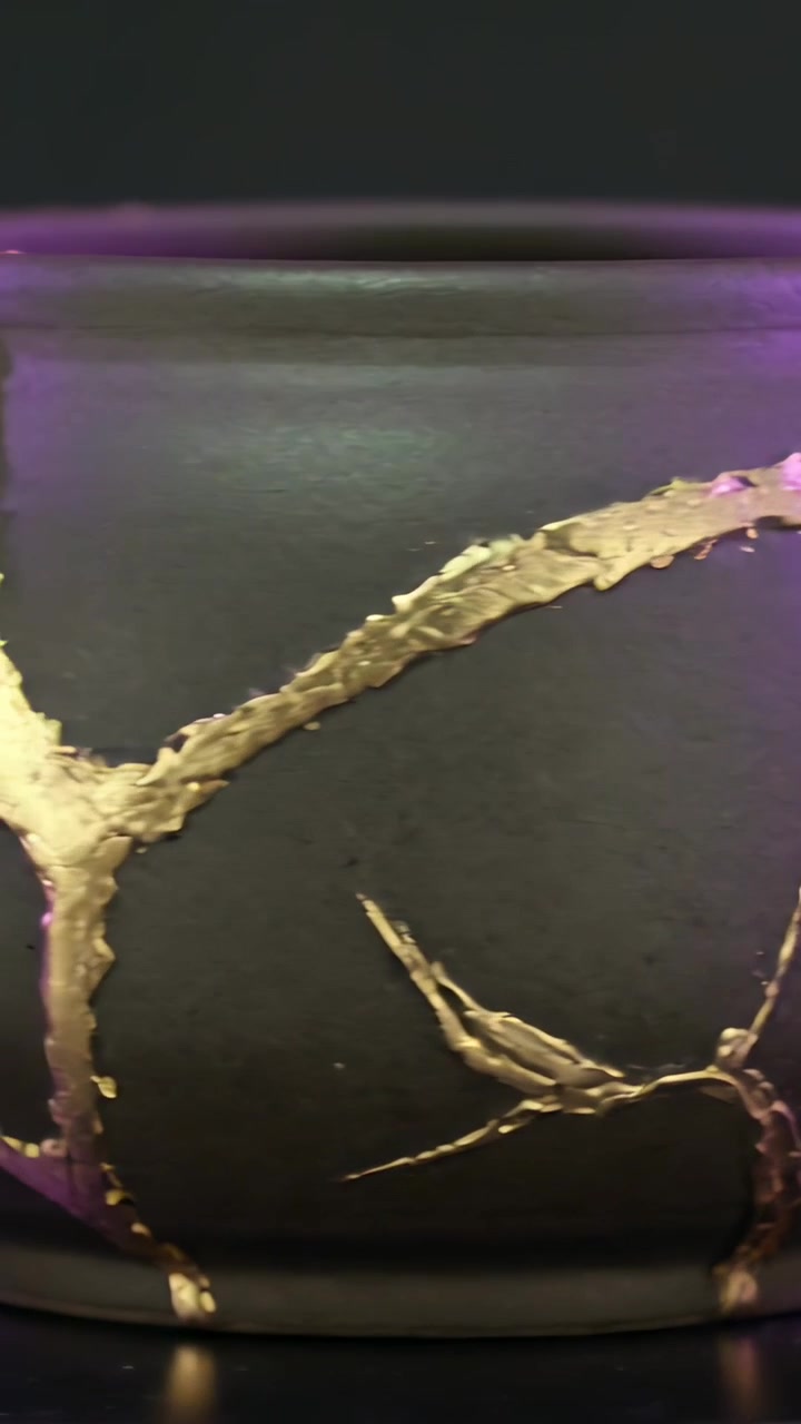 Vertical video: Tilting camera showing curved black cushion in dark room, gold seams and purple rim