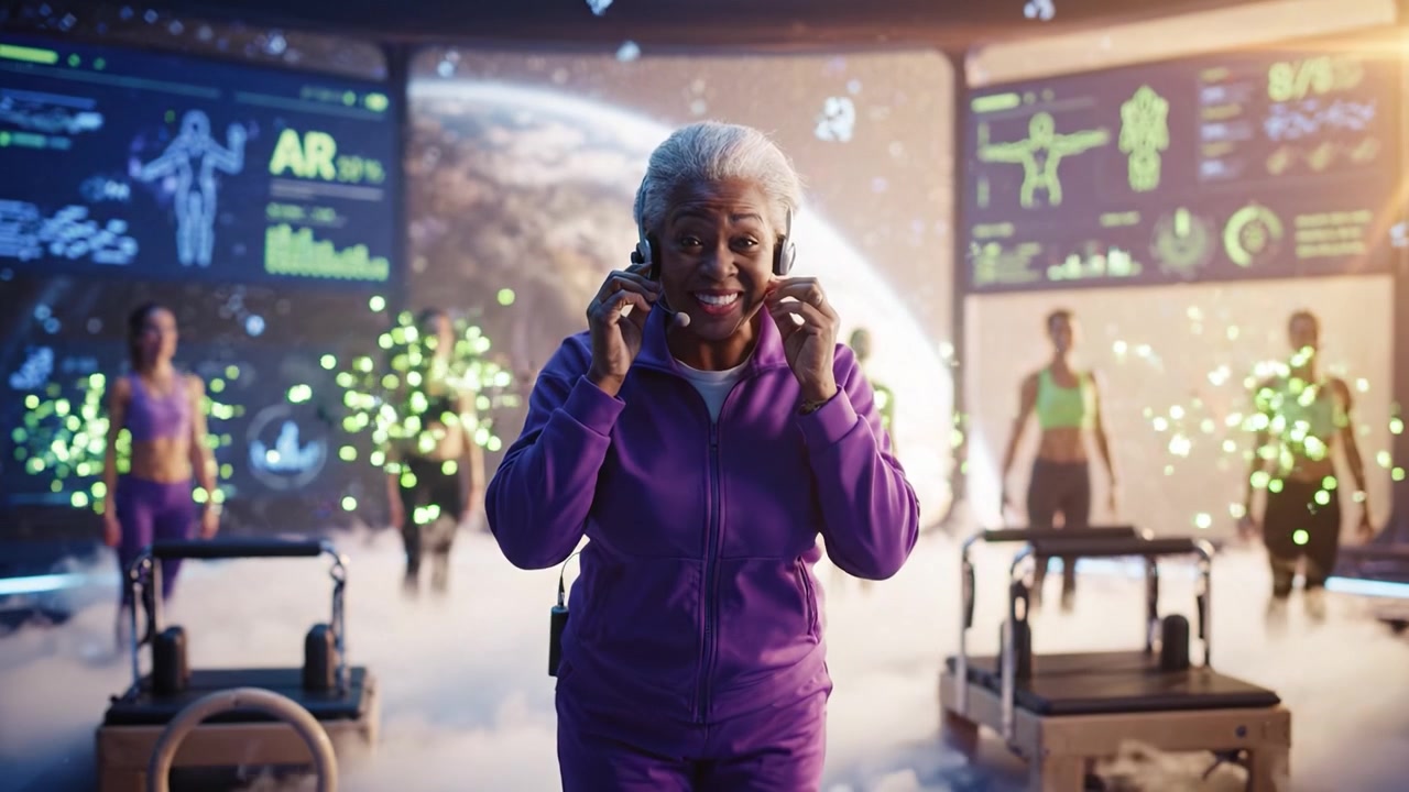 Dynamic Exercise Class: Older Woman Leading Fitness Session in Futuristic Environment with Augmented Reality Displays and Enthusiastic Participants Engaged in Workout