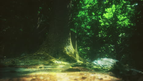 mysterious forest with vibrant greenery and a majestic tree at twilight