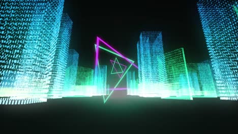 animation of neon shapes moving and digital city on black background