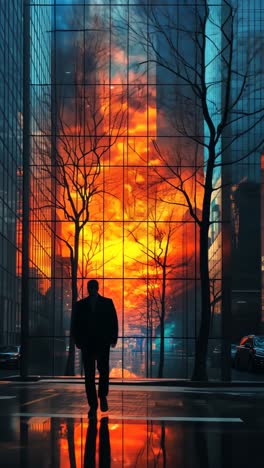 urban silhouette against stunning sunset reflections in cityscape