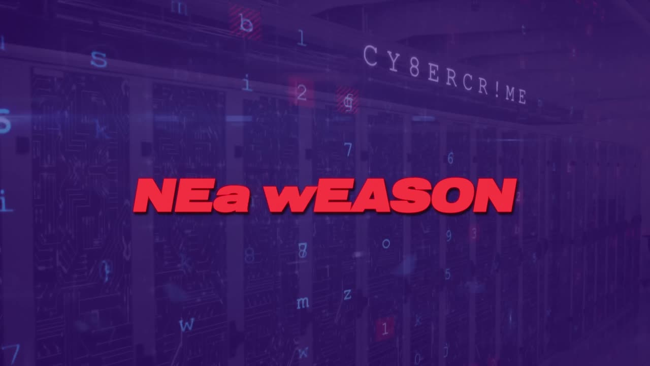 Animation of new season text with data processing over server room