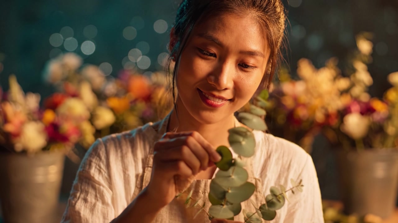 穏やかな花屋で、若い女性が鮮やかな花々と暖かく柔らかな照明に囲まれながら、ユーカリの葉を丁寧に配置し、魅力的な雰囲気を作り出している